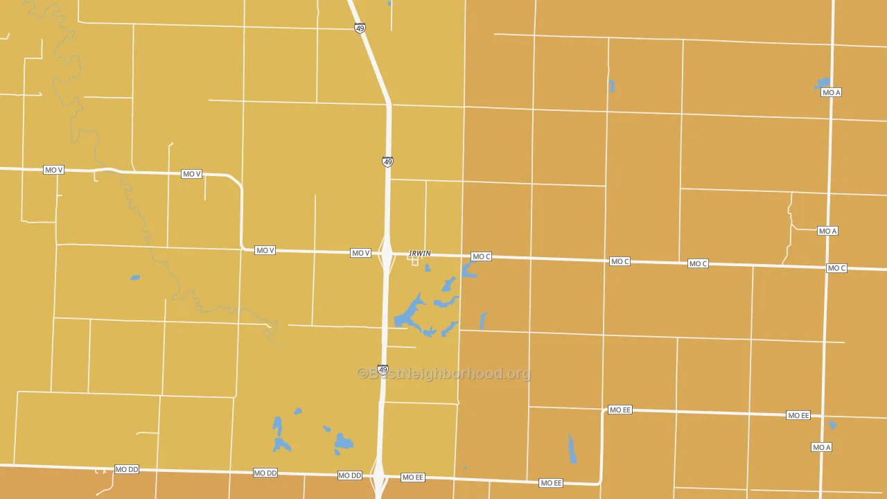 Map of the best neighborhoods in the Irwin area, with better matches in green and worse matches in red
