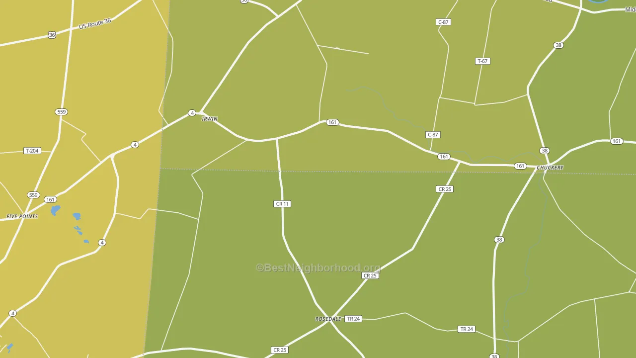 Map of the best neighborhoods in the Irwin area, with better matches in green and worse matches in red
