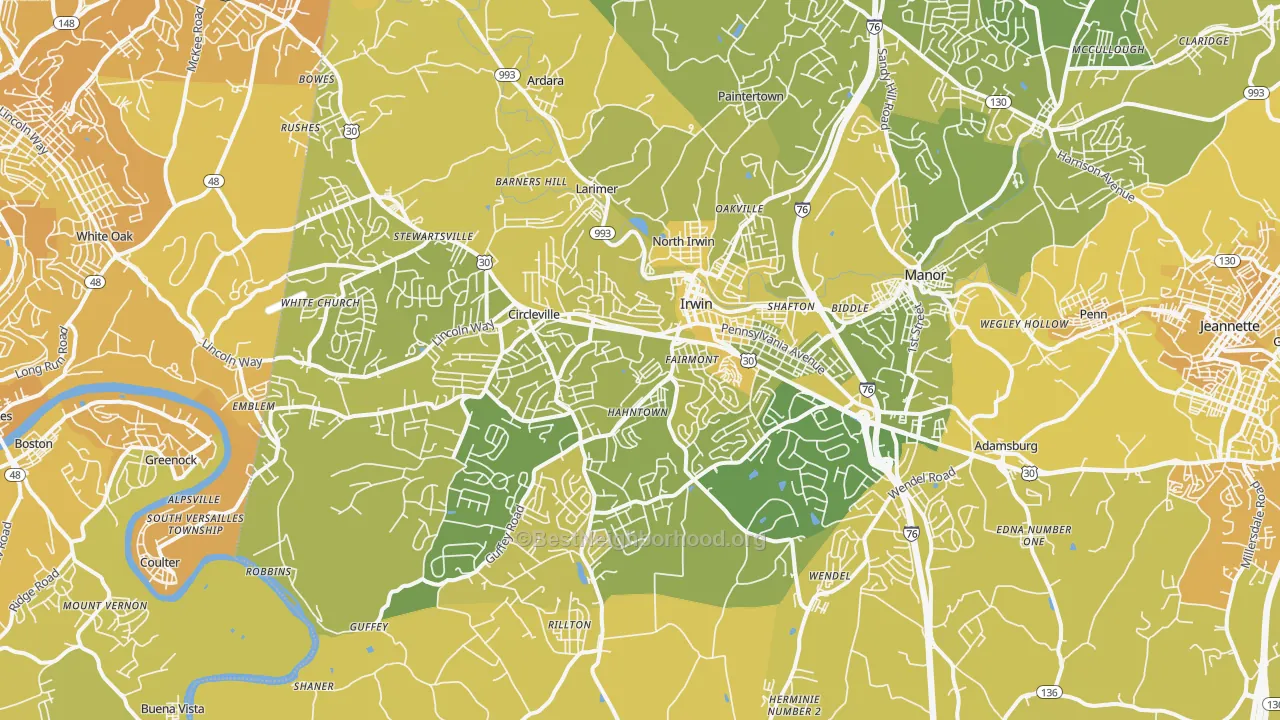 Map of the best neighborhoods in the Irwin area, with better matches in green and worse matches in red