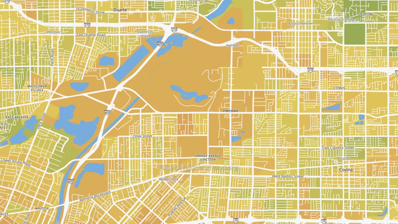 Map of the best neighborhoods in the Irwindale area, with better matches in green and worse matches in red