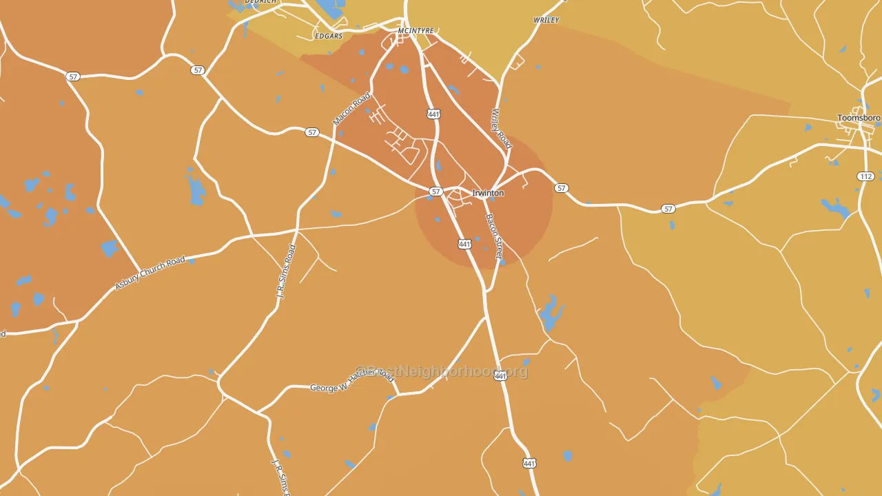 Map of the best neighborhoods in the Irwinton area, with better matches in green and worse matches in red