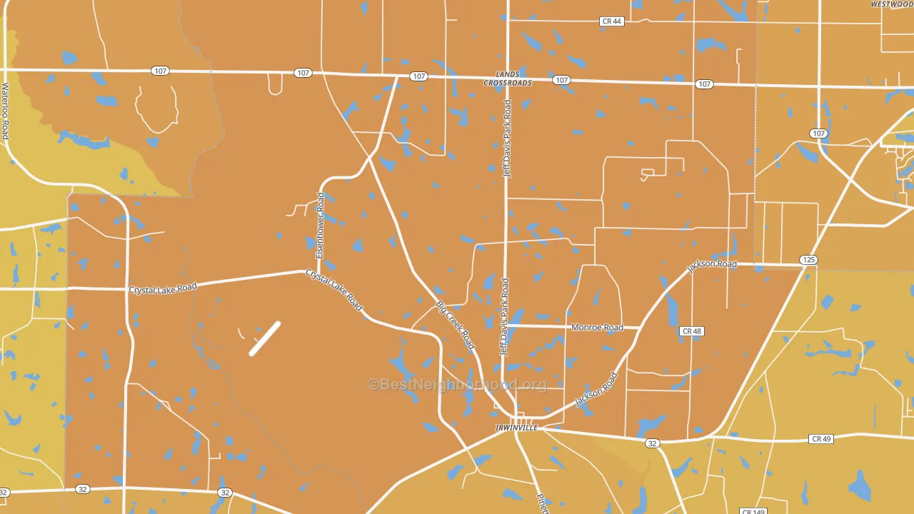 Map of the best neighborhoods in the Irwinville area, with better matches in green and worse matches in red