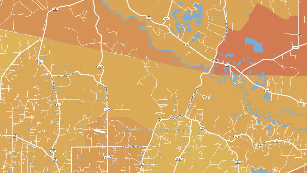 Map of the best neighborhoods in the Isabel area, with better matches in green and worse matches in red