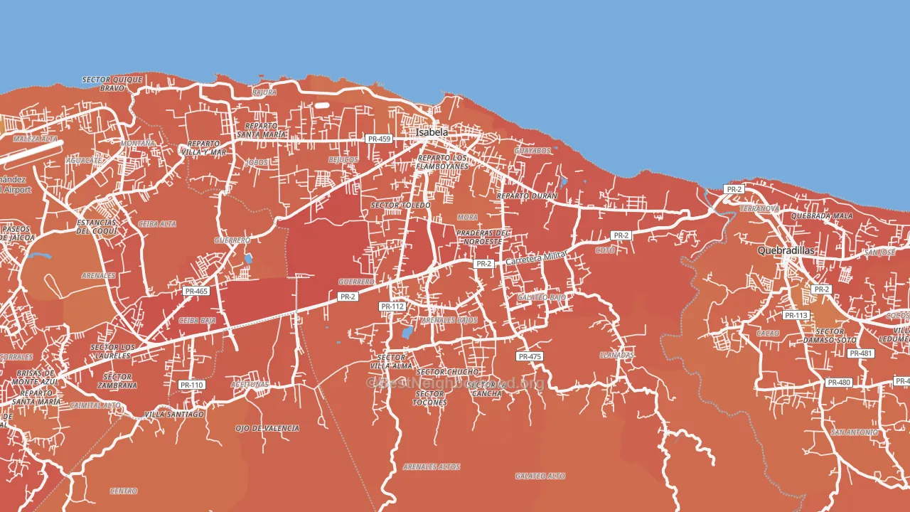Map of the best neighborhoods in the Isabela Municipio area, with better matches in green and worse matches in red