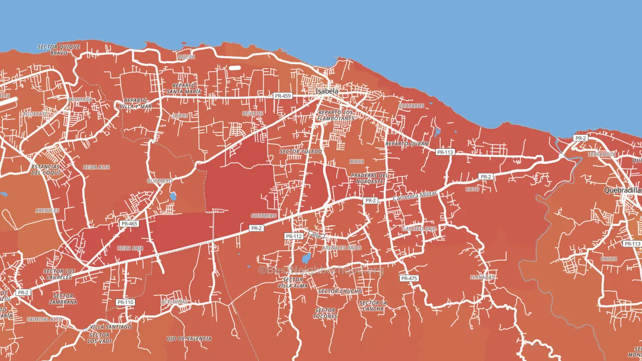 Map of the best neighborhoods in the Isabela area, with better matches in green and worse matches in red