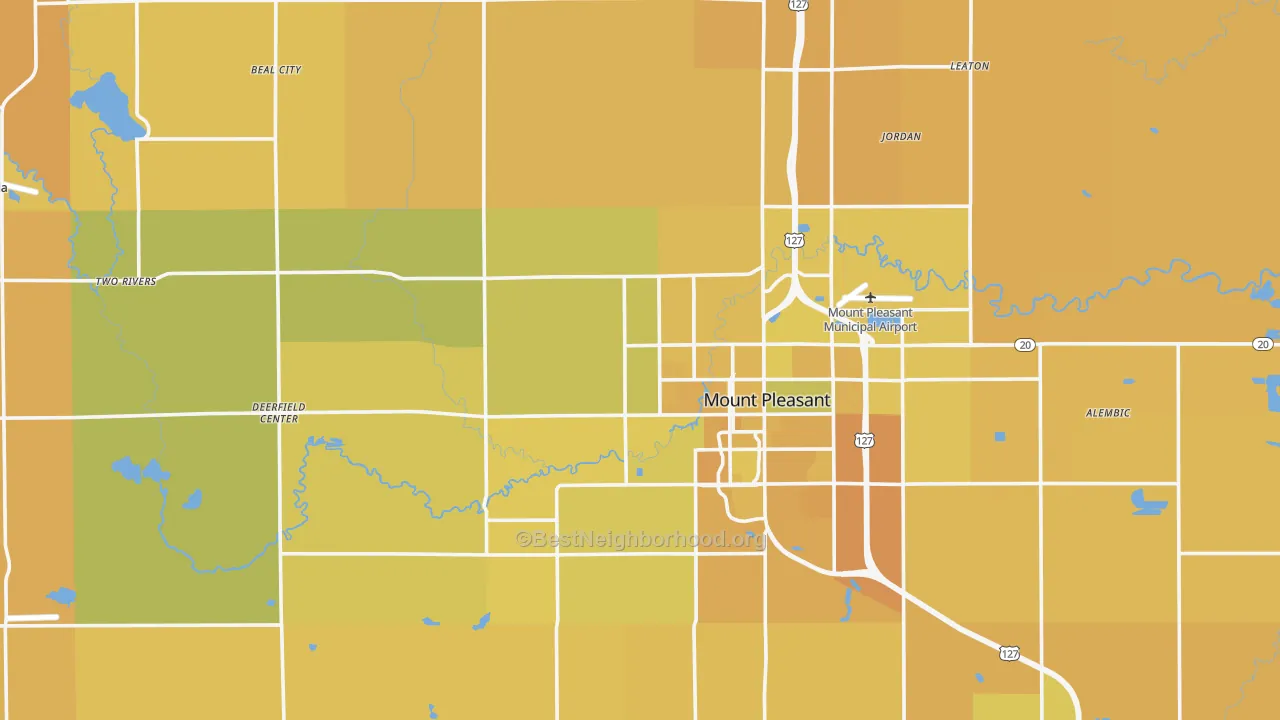 Map of the best neighborhoods in the Isabella County area, with better matches in green and worse matches in red