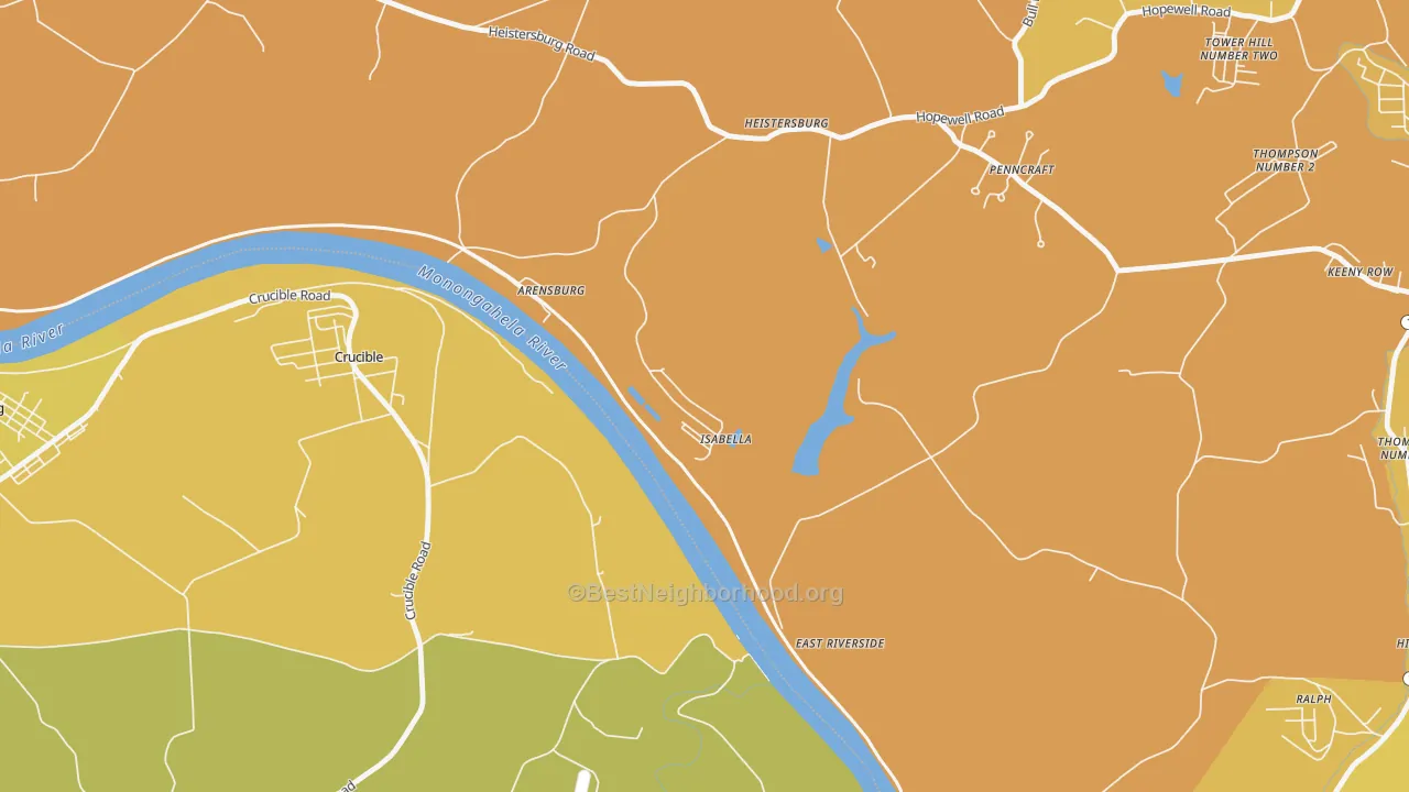 Map of the best neighborhoods in the Isabella area, with better matches in green and worse matches in red