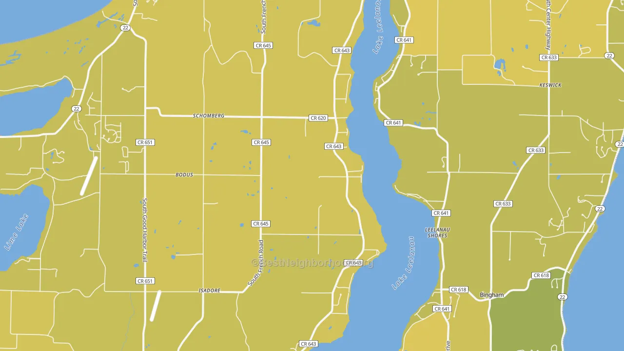 Map of the best neighborhoods in the Isadore area, with better matches in green and worse matches in red