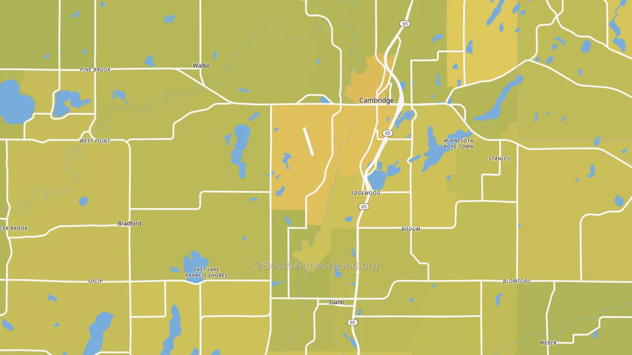 Map of the best neighborhoods in the Isanti County area, with better matches in green and worse matches in red