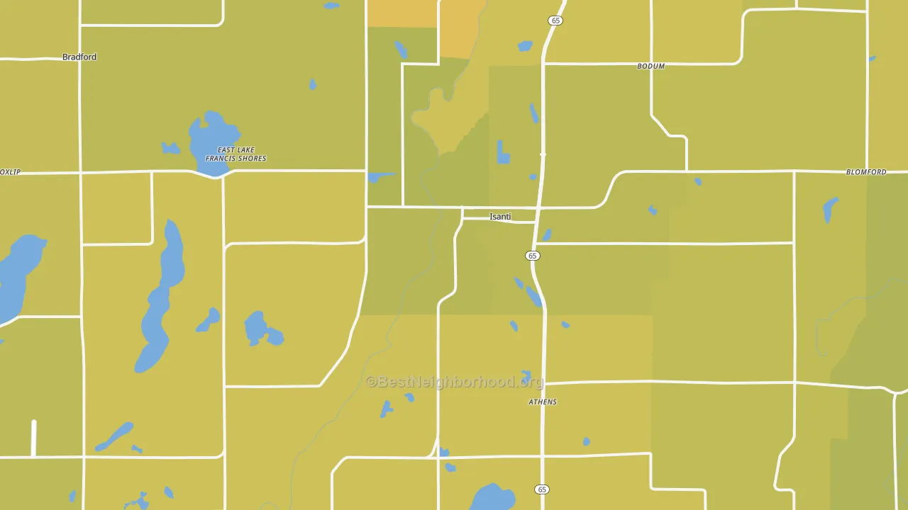 Map of the best neighborhoods in the Isanti area, with better matches in green and worse matches in red
