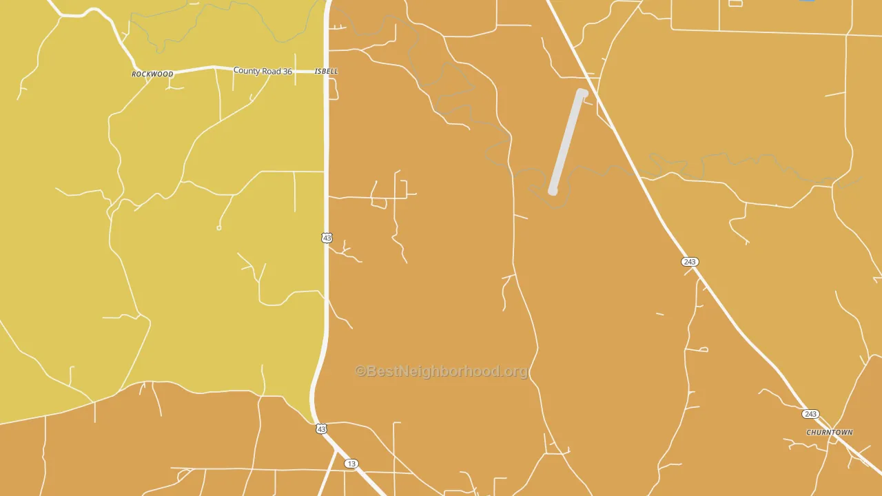 Map of the best neighborhoods in the Isbell area, with better matches in green and worse matches in red