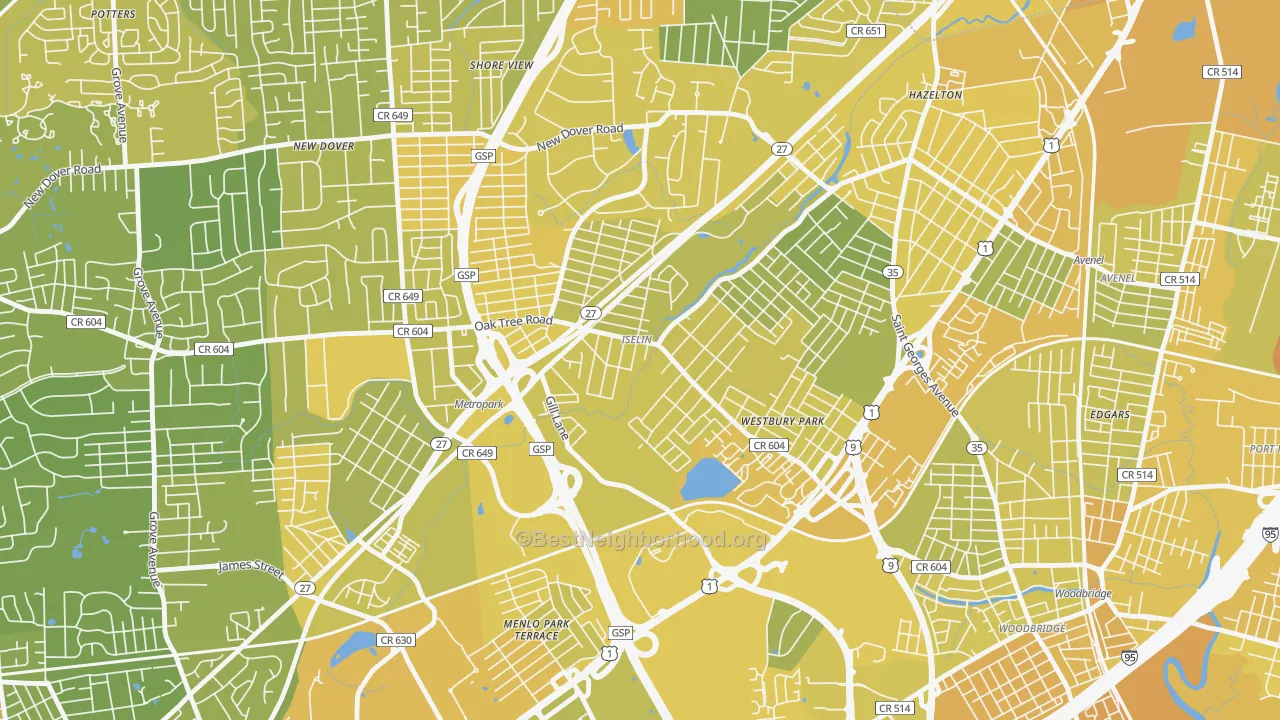 Map of the best neighborhoods in the Iselin area, with better matches in green and worse matches in red