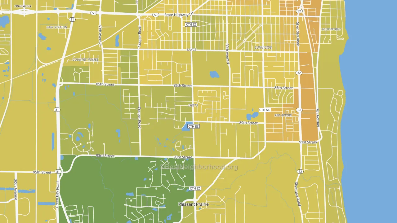 Map of the best neighborhoods in the Isetts, Kenosha area, with better matches in green and worse matches in red