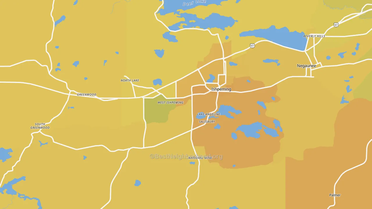 Map of the best neighborhoods in the Ishpeming area, with better matches in green and worse matches in red
