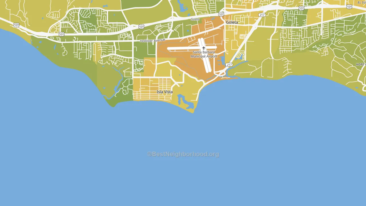 Map of the best neighborhoods in the Isla Vista area, with better matches in green and worse matches in red