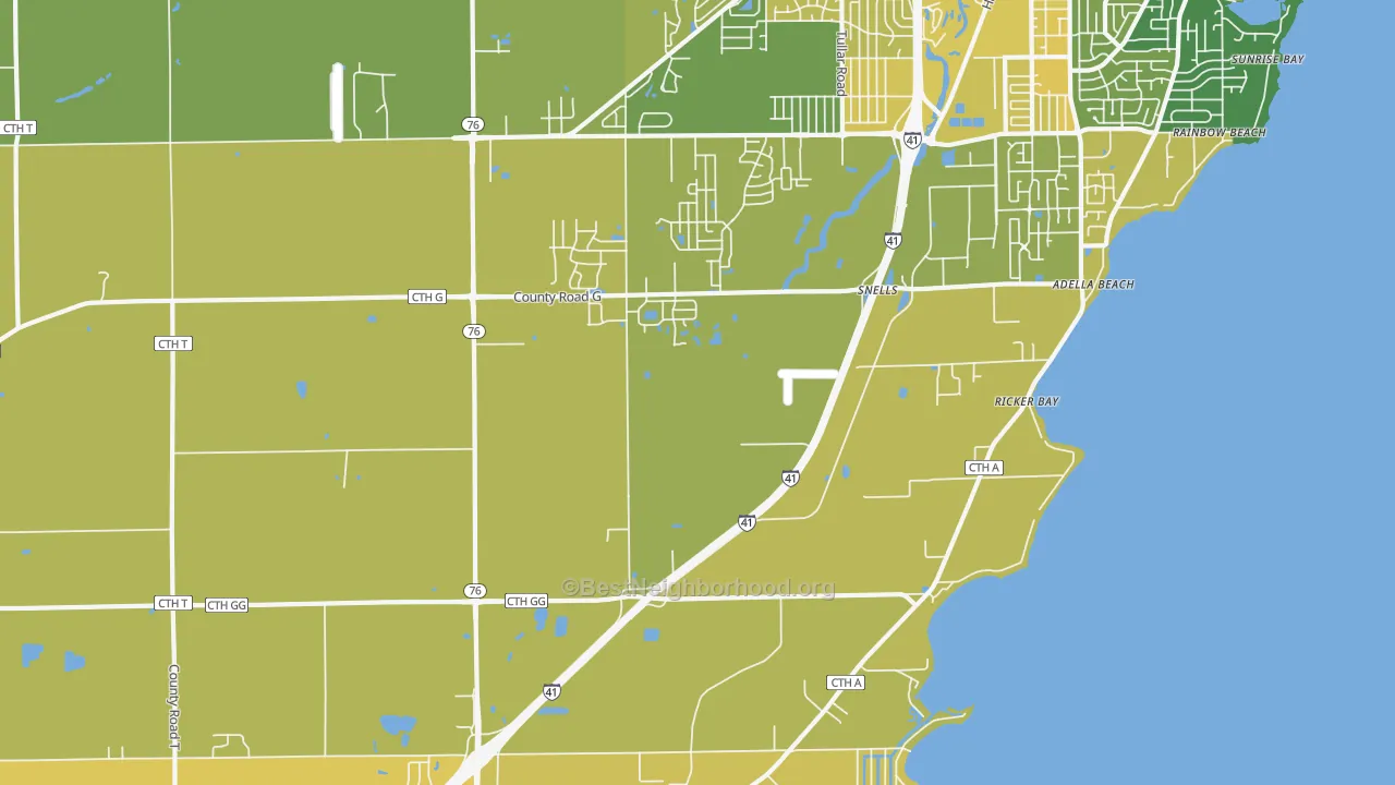 Map of the best neighborhoods in the Island Beach area, with better matches in green and worse matches in red