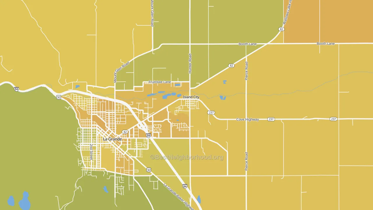 Map of the best neighborhoods in the Island City area, with better matches in green and worse matches in red