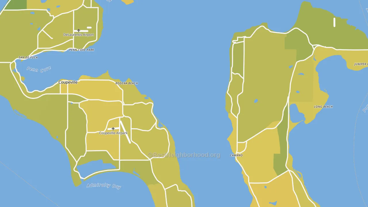 Map of the best neighborhoods in the Island County area, with better matches in green and worse matches in red