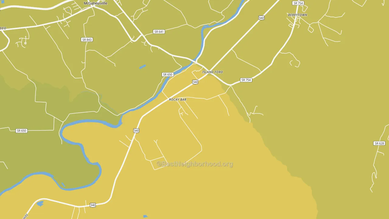Map of the best neighborhoods in the Island Ford area, with better matches in green and worse matches in red