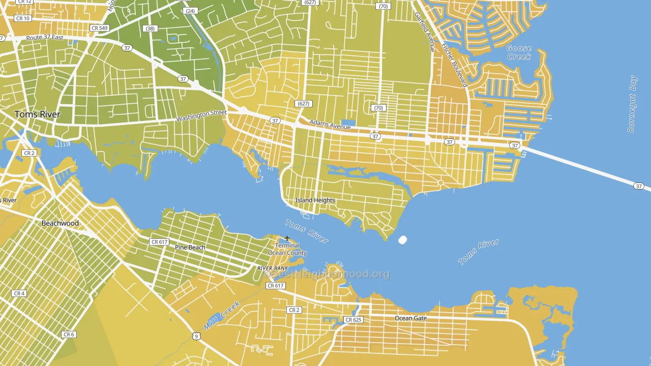 Map of the best neighborhoods in the Island Heights area, with better matches in green and worse matches in red