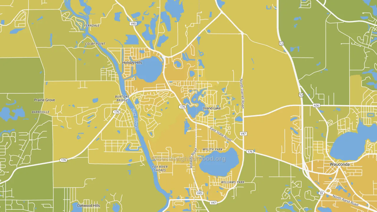 Map of the best neighborhoods in the Island Lake area, with better matches in green and worse matches in red