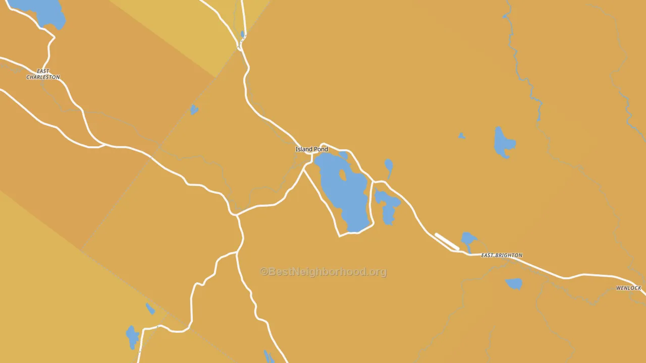Map of the best neighborhoods in the Island Pond area, with better matches in green and worse matches in red