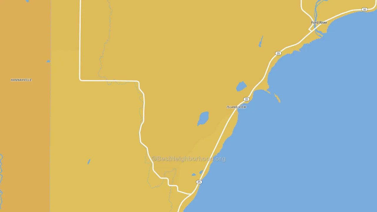 Map of the best neighborhoods in the Island View area, with better matches in green and worse matches in red
