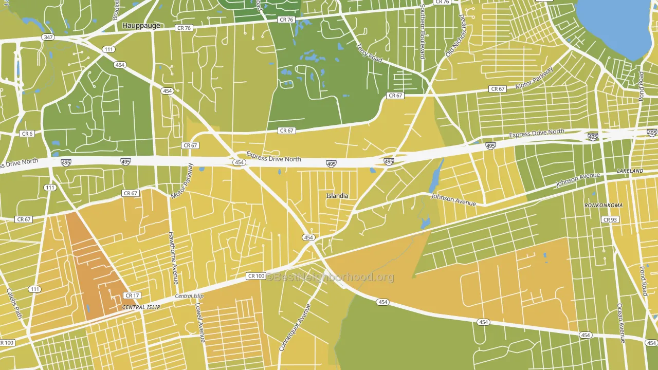Map of the best neighborhoods in the Islandia area, with better matches in green and worse matches in red