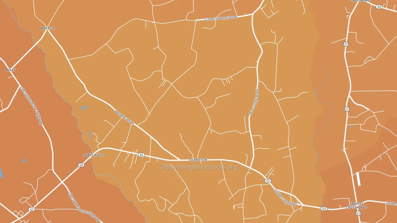 Map of the best neighborhoods in the Islandton area, with better matches in green and worse matches in red