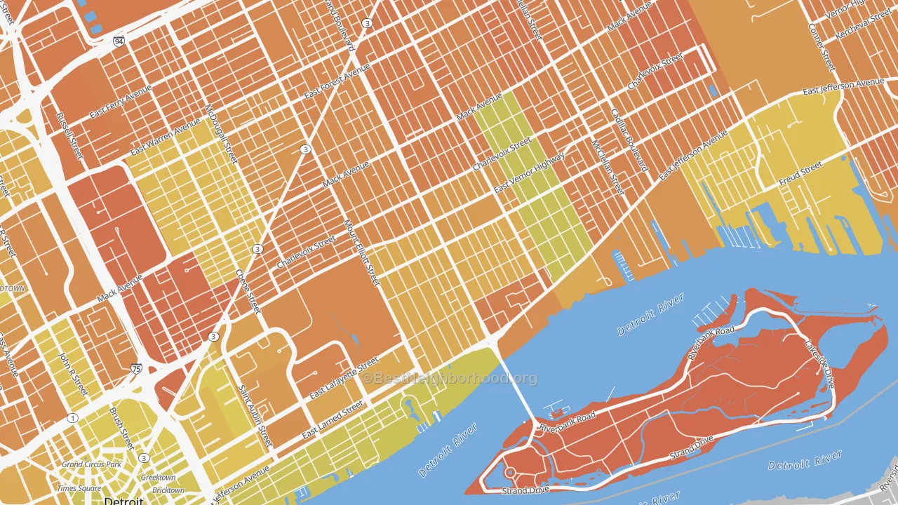 Map of the best neighborhoods in the Islandview, Detroit area, with better matches in green and worse matches in red