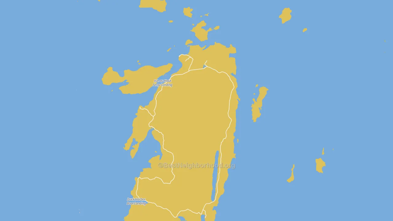 Map of the best neighborhoods in the Isle Au Haut area, with better matches in green and worse matches in red
