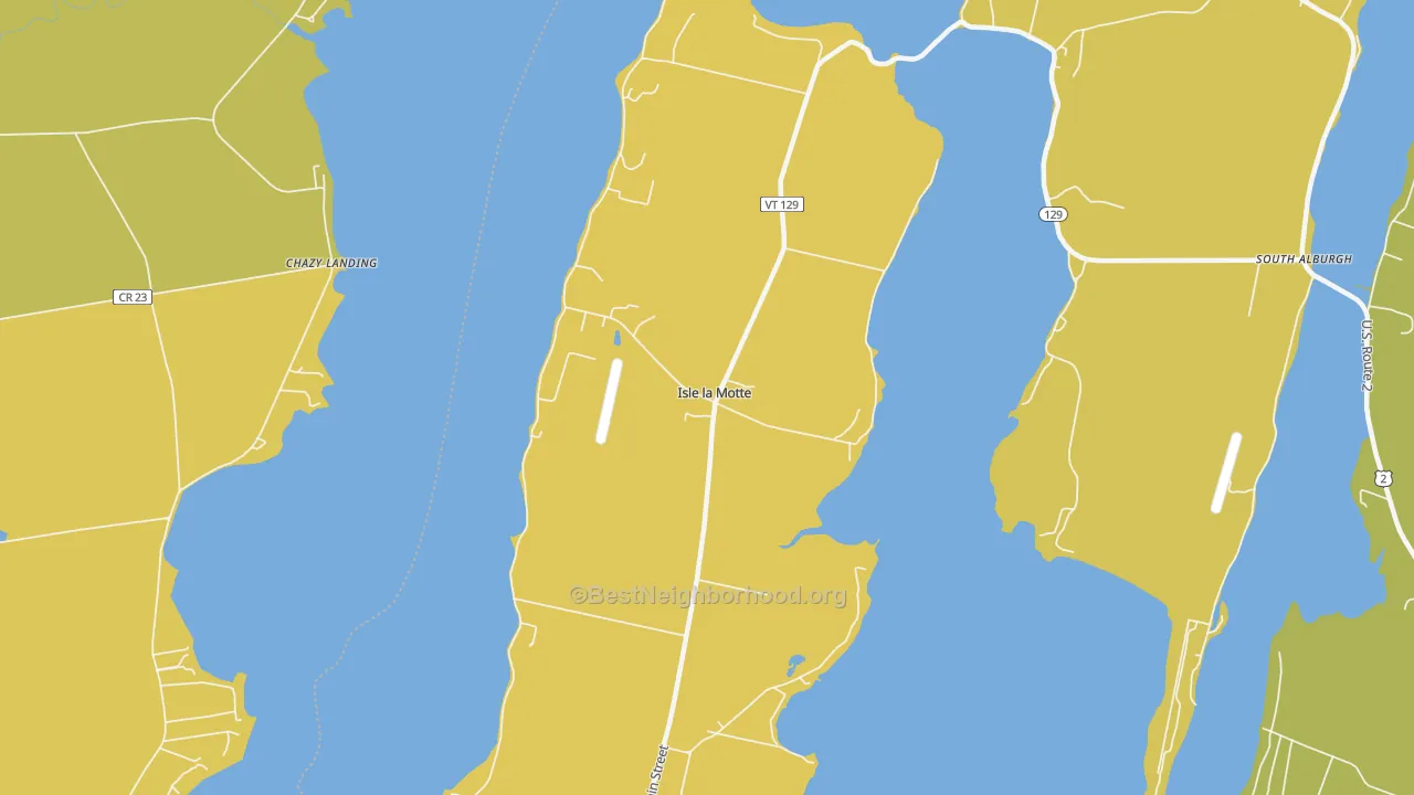 Map of the best neighborhoods in the Isle La Motte area, with better matches in green and worse matches in red