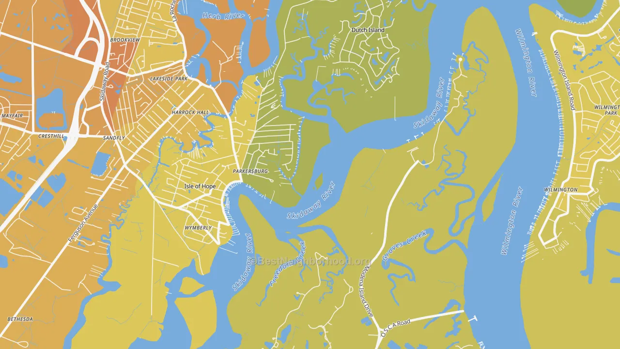 Map of the best neighborhoods in the Isle of Hope area, with better matches in green and worse matches in red