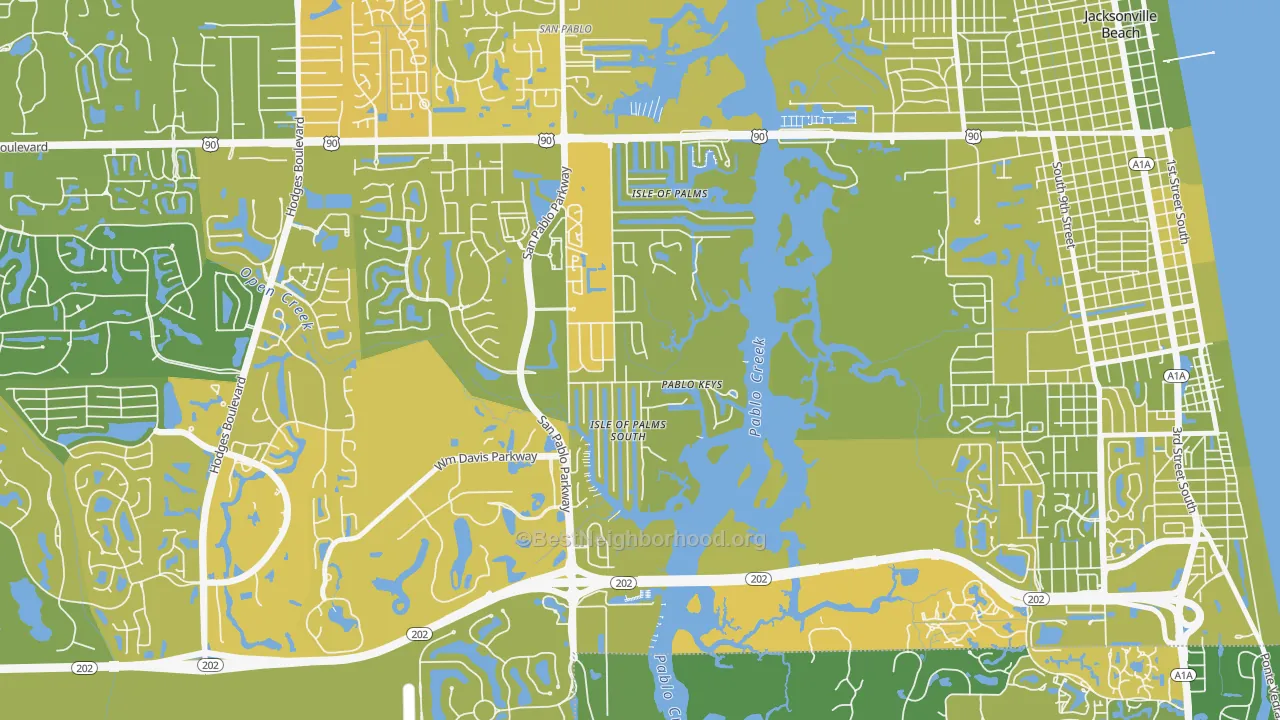Map of the best neighborhoods in the Isle of Palms, Jacksonville Beach area, with better matches in green and worse matches in red