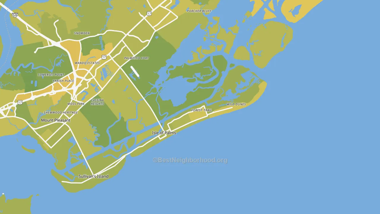 Map of the best neighborhoods in the Isle Of Palms area, with better matches in green and worse matches in red