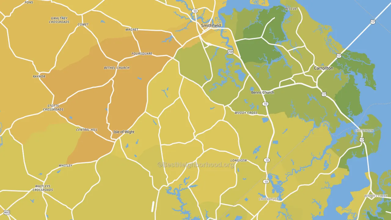 Map of the best neighborhoods in the Isle of Wight County area, with better matches in green and worse matches in red