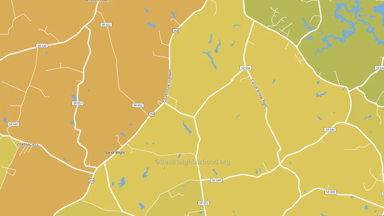 Map of the best neighborhoods in the Isle of Wight area, with better matches in green and worse matches in red