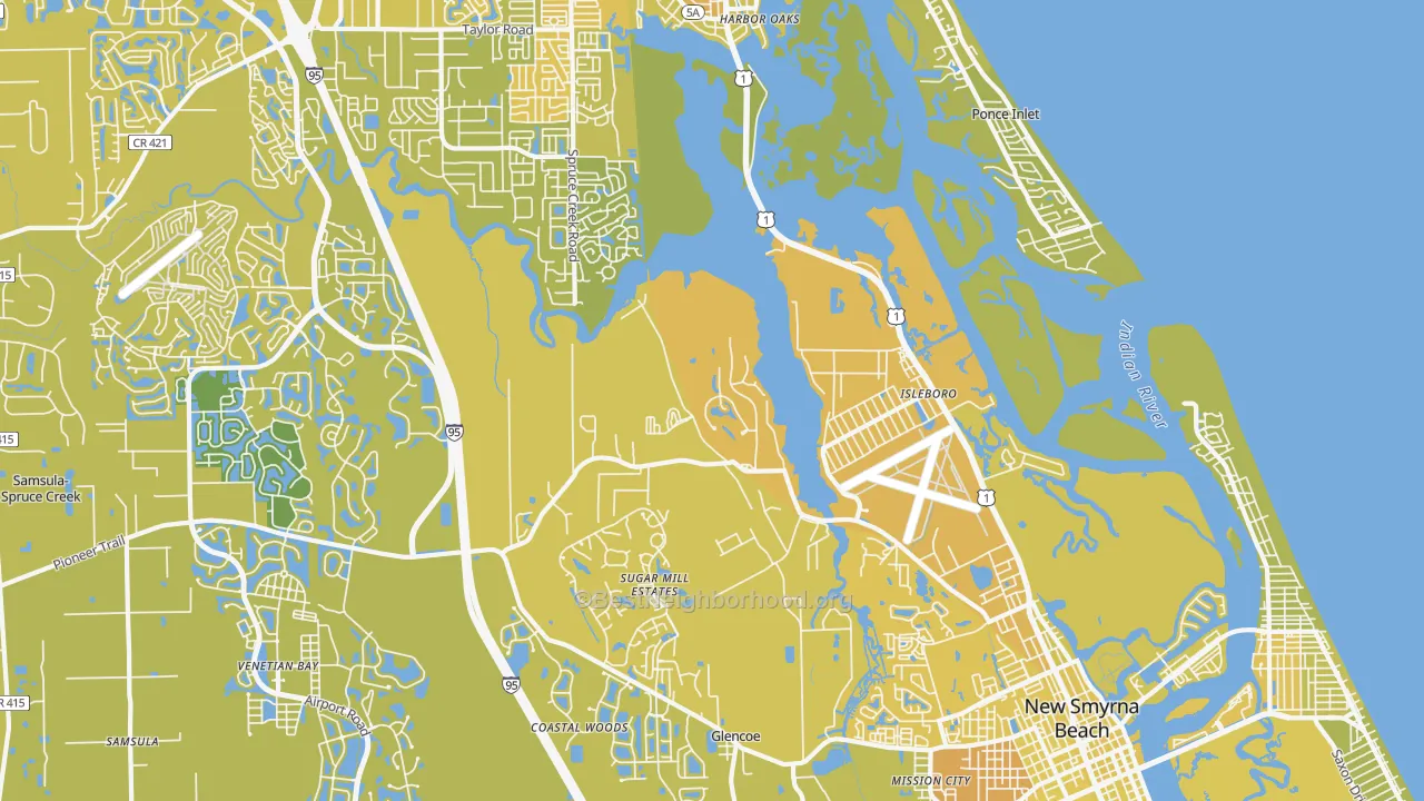Map of the best neighborhoods in the Isleboro area, with better matches in green and worse matches in red
