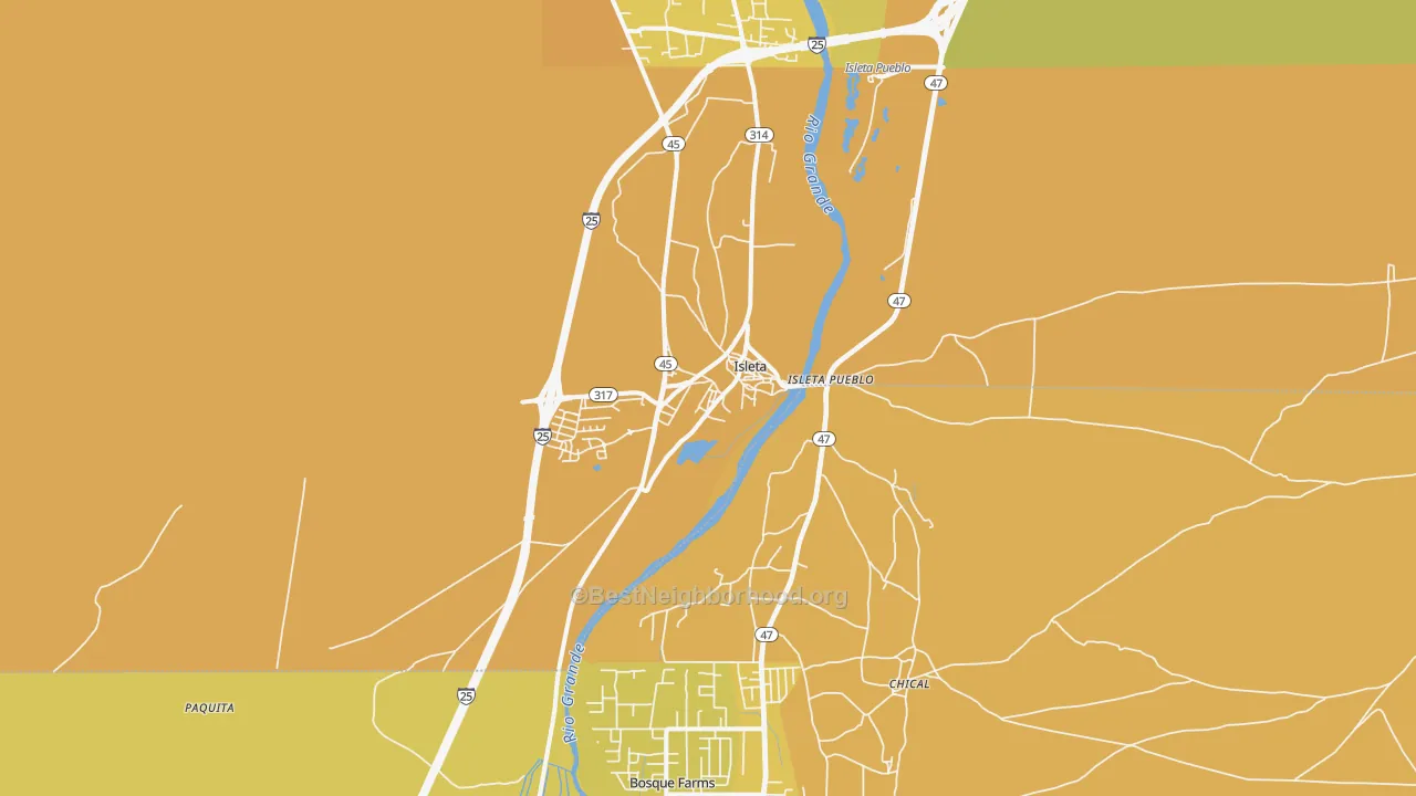 Map of the best neighborhoods in the Isleta area, with better matches in green and worse matches in red