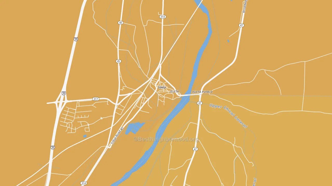 Map of the best neighborhoods in the Isleta Village Proper area, with better matches in green and worse matches in red