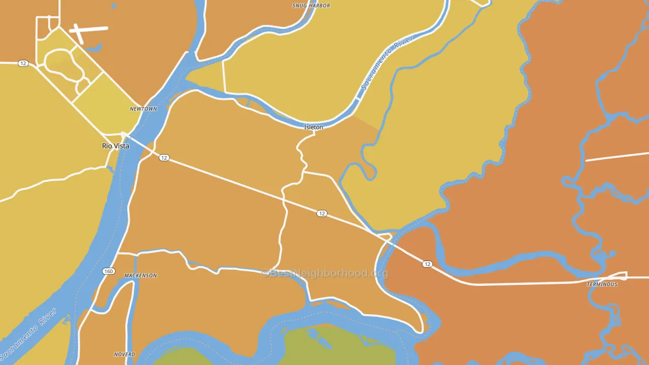 Map of the best neighborhoods in the Isleton area, with better matches in green and worse matches in red