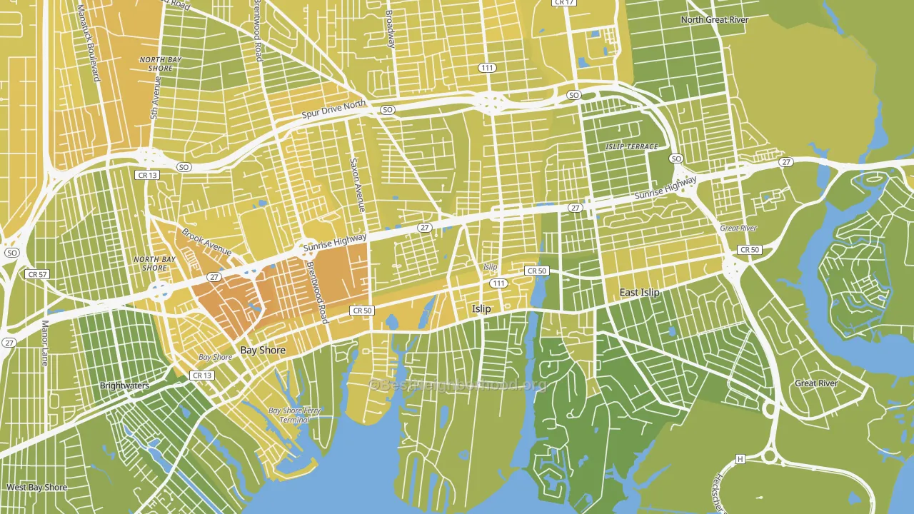 Map of the best neighborhoods in the Islip area, with better matches in green and worse matches in red
