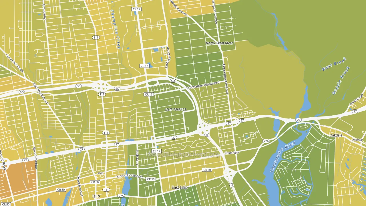 Map of the best neighborhoods in the Islip Terrace area, with better matches in green and worse matches in red