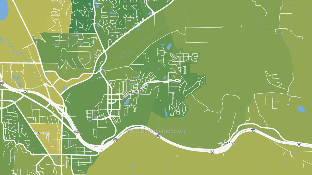 Map of the best neighborhoods in the Issaquah Highlands, Issaquah area, with better matches in green and worse matches in red