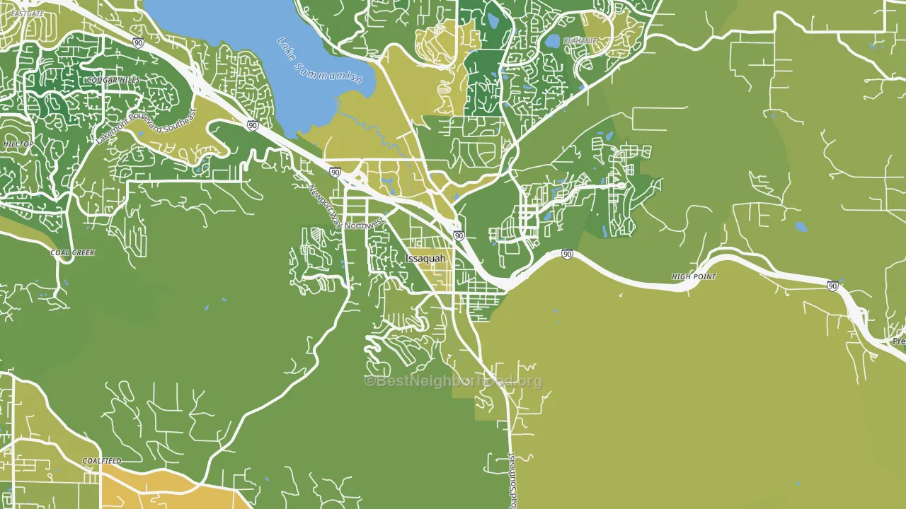 Map of the best neighborhoods in the Issaquah area, with better matches in green and worse matches in red