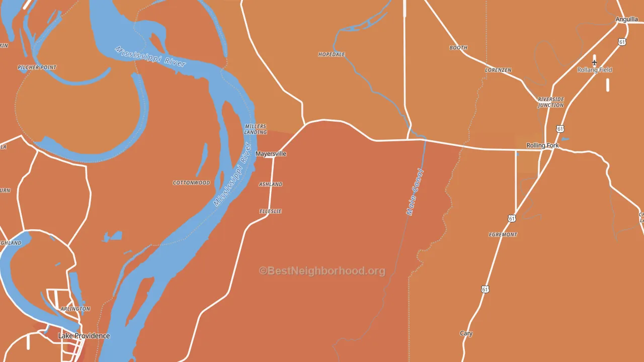 Map of the best neighborhoods in the Issaquena County area, with better matches in green and worse matches in red