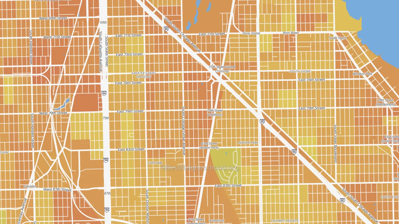 Map of the best neighborhoods in the Italian Bowery, Chicago area, with better matches in green and worse matches in red