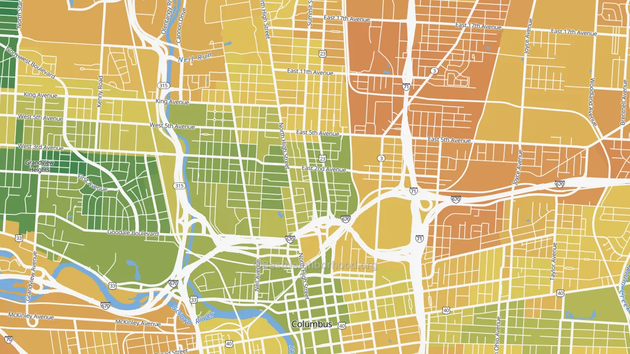 Map of the best neighborhoods in the Italian Village, Columbus area, with better matches in green and worse matches in red