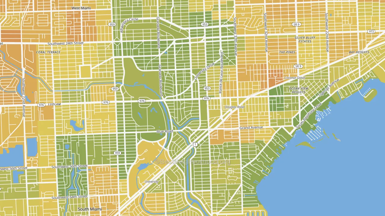 Map of the best neighborhoods in the Italian Village, Coral Gables area, with better matches in green and worse matches in red