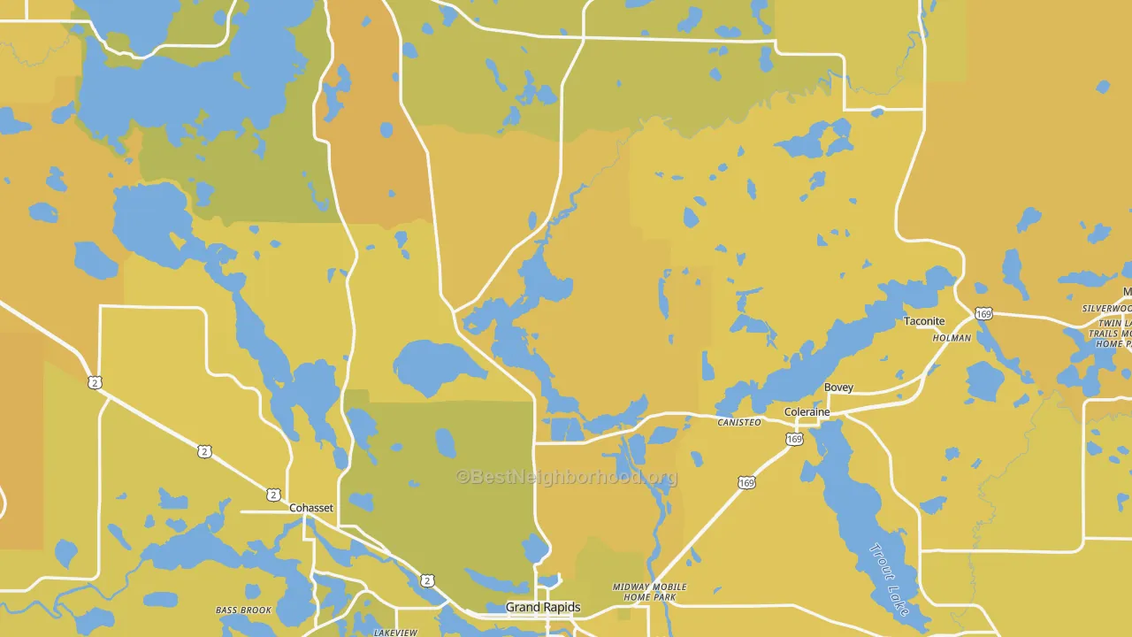 Map of the best neighborhoods in the Itasca County area, with better matches in green and worse matches in red